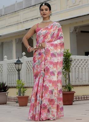 multi color chinon silk blend floral printed with mirror cut border ready to wear saree 1