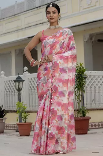 multi color chinon silk blend floral printed with mirror cut border ready to wear saree