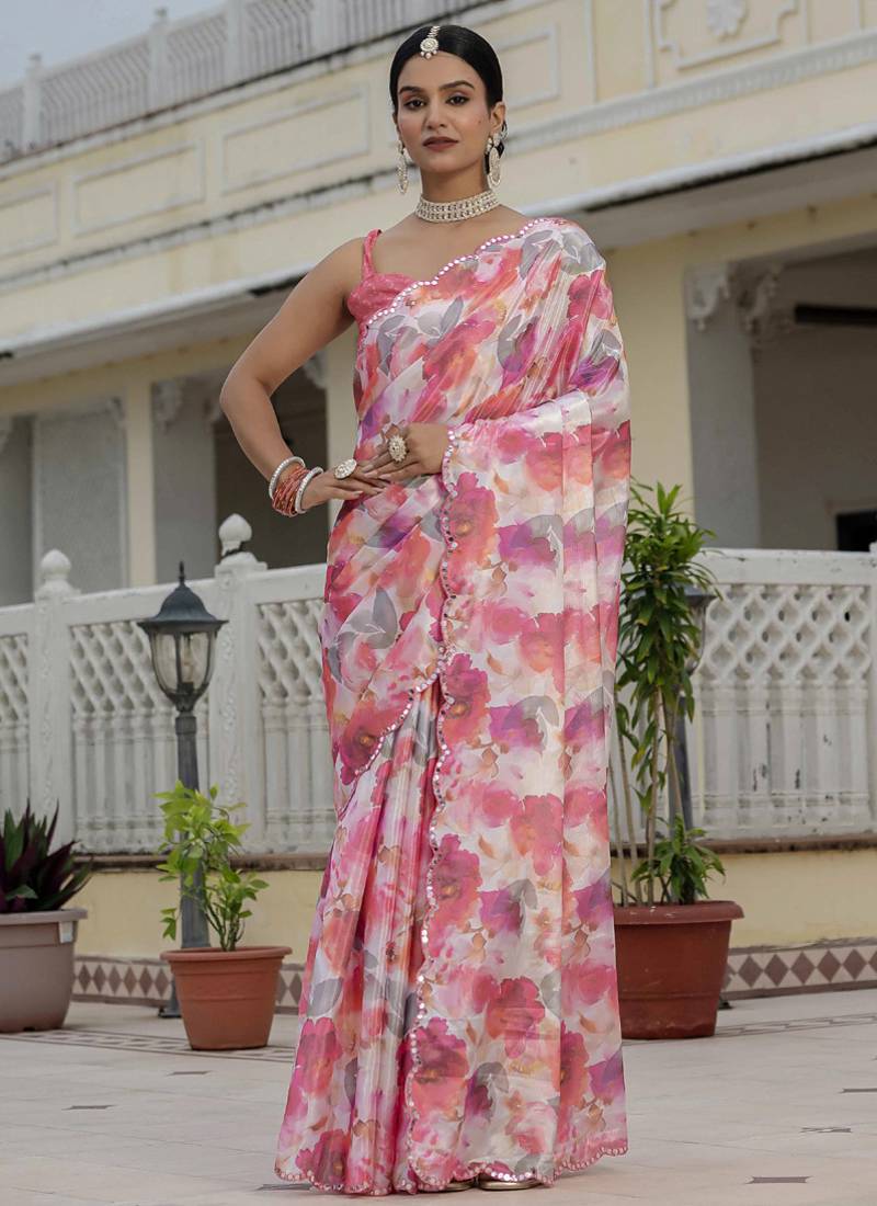 multi color chinon silk blend floral printed with mirror cut border ready to wear saree