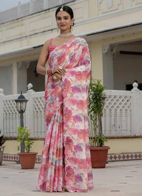 multi color chinon silk blend floral printed with mirror cut border ready to wear saree 2