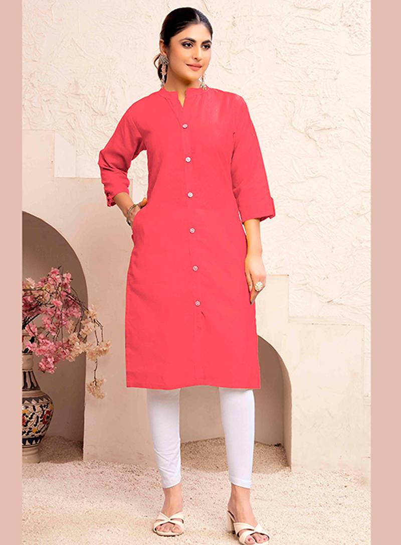 Red magic cotton embroidered solid formal girlie kurta