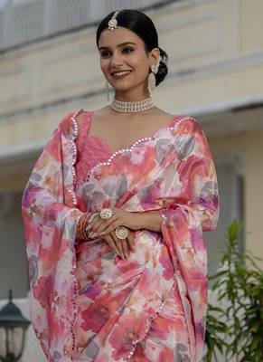 multi color chinon silk blend floral printed with mirror cut border ready to wear saree 3