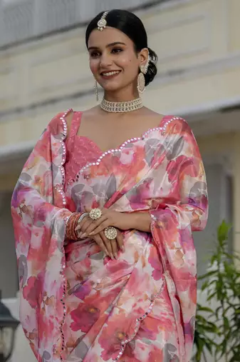multi color chinon silk blend floral printed with mirror cut border ready to wear saree