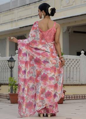 multi color chinon silk blend floral printed with mirror cut border ready to wear saree 4