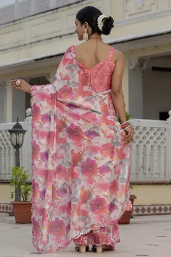 multi color chinon silk blend floral printed with mirror cut border ready to wear saree