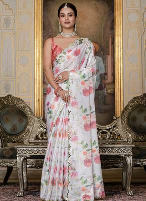 off white chinon silk blend floral printed with mirror cut border ready to wear saree 1