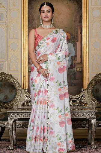 off white chinon silk blend floral printed with mirror cut border ready to wear saree