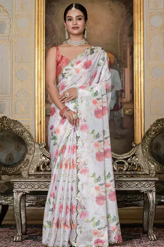 off white chinon silk blend floral printed with mirror cut border ready to wear saree