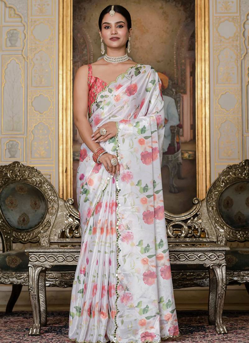 off white chinon silk blend floral printed with mirror cut border ready to wear saree