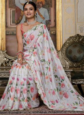 off white chinon silk blend floral printed with mirror cut border ready to wear saree 2