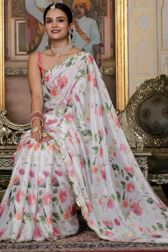 off white chinon silk blend floral printed with mirror cut border ready to wear saree