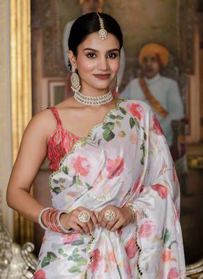 off white chinon silk blend floral printed with mirror cut border ready to wear saree 3