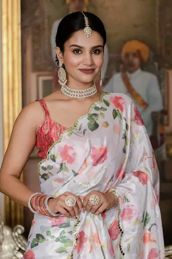 off white chinon silk blend floral printed with mirror cut border ready to wear saree