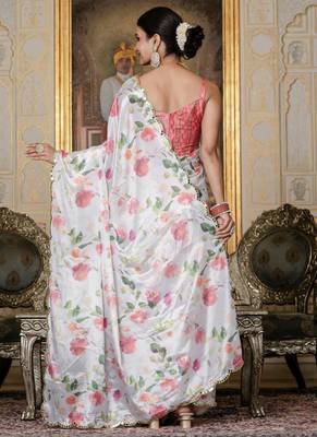off white chinon silk blend floral printed with mirror cut border ready to wear saree 4