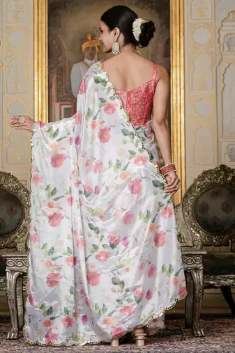 off white chinon silk blend floral printed with mirror cut border ready to wear saree