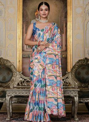 multi color chinon silk blend floral printed with mirror cut border ready to wear saree 1