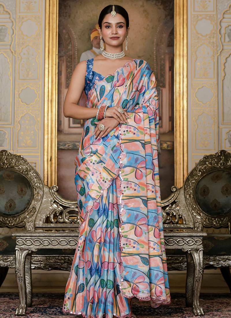 multi color chinon silk blend floral printed with mirror cut border ready to wear saree