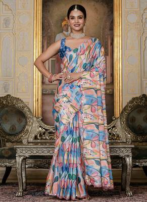 multi color chinon silk blend floral printed with mirror cut border ready to wear saree 2