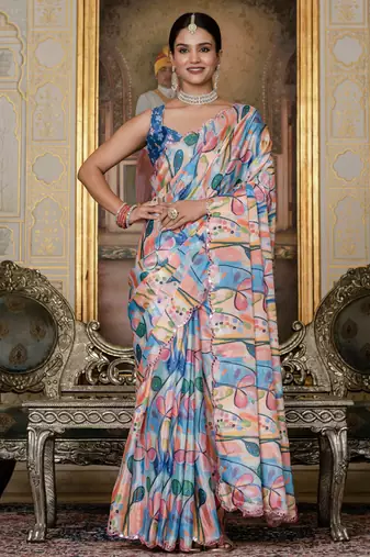 multi color chinon silk blend floral printed with mirror cut border ready to wear saree