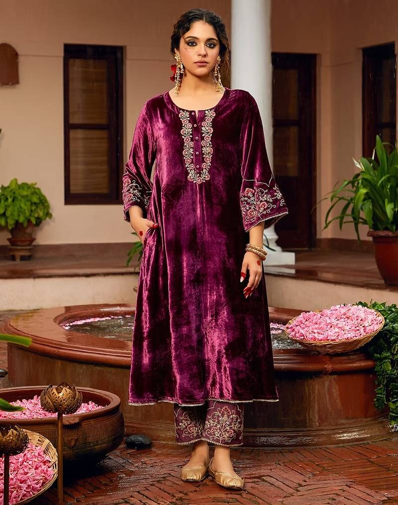 Maroon winters special velvel salwar kameez