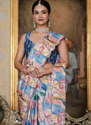 multi color chinon silk blend floral printed with mirror cut border ready to wear saree 3