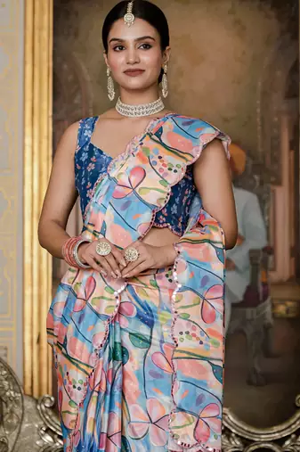 multi color chinon silk blend floral printed with mirror cut border ready to wear saree