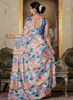 multi color chinon silk blend floral printed with mirror cut border ready to wear saree 4