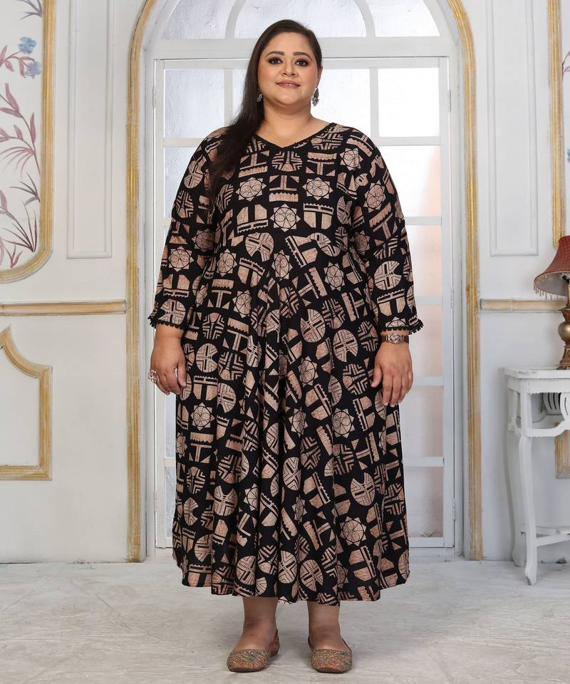 Black rayon embroidered printed plus size kurta for girls