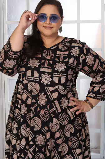 Black rayon embroidered printed plus size kurta for girls