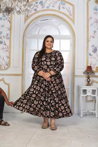 Black rayon embroidered printed plus size kurta for girls