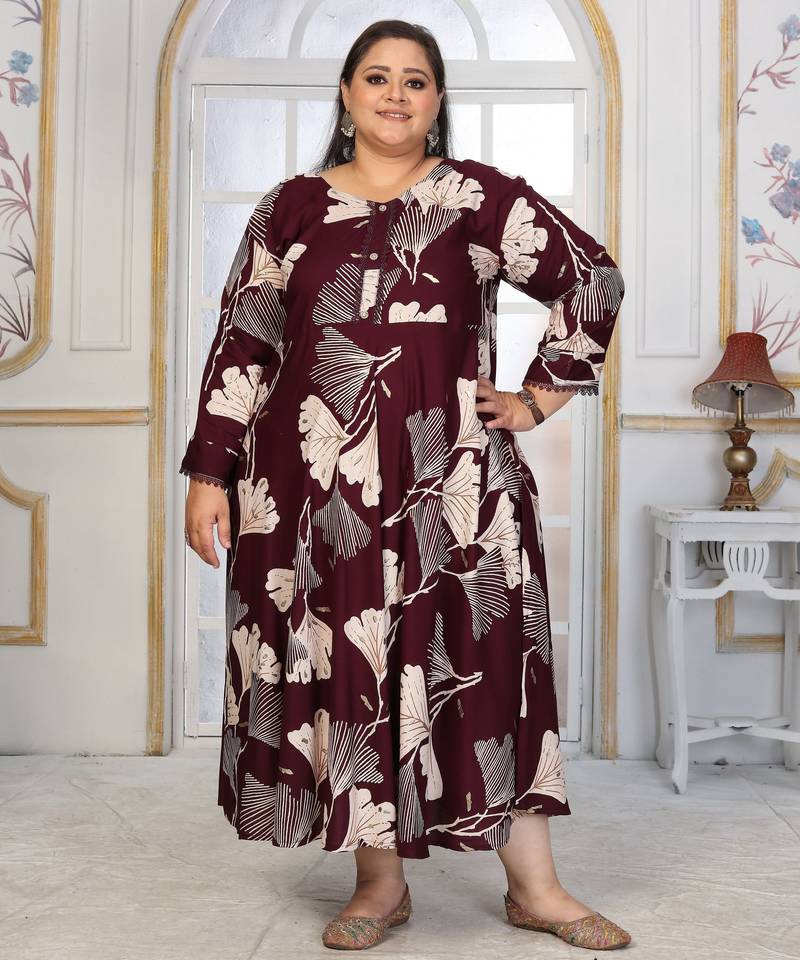 Wine rayon embroidered printed plus size kurta for girls