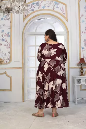 Wine rayon embroidered printed plus size kurta for girls