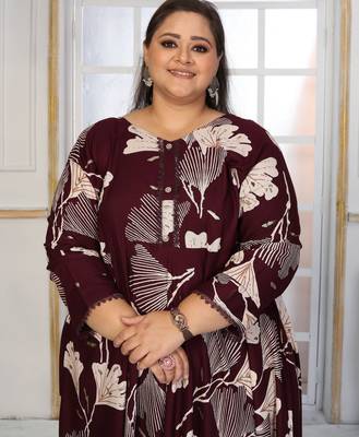 Wine rayon embroidered printed plus size kurta for girls 3