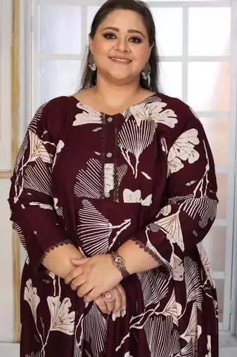 Wine rayon embroidered printed plus size kurta for girls