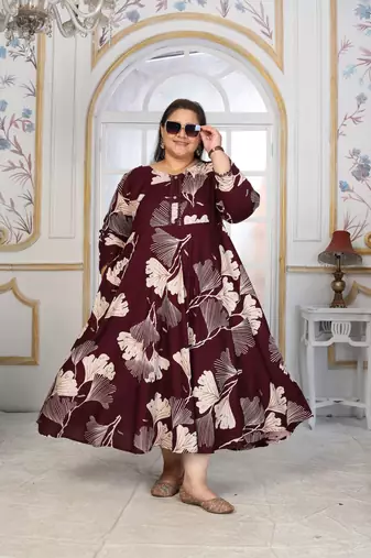 Wine rayon embroidered printed plus size kurta for girls