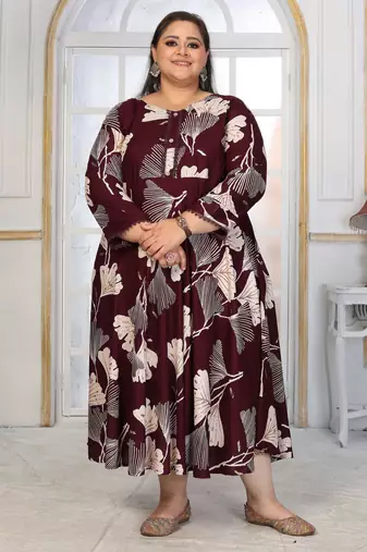 Wine rayon embroidered printed plus size kurta for girls