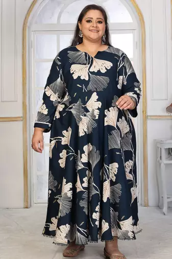 Blue rayon embroidered printed plus size kurta for girls