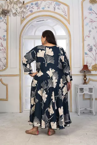 Blue rayon embroidered printed plus size kurta for girls