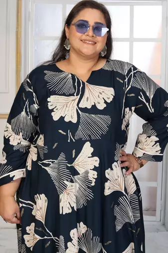 Blue rayon embroidered printed plus size kurta for girls