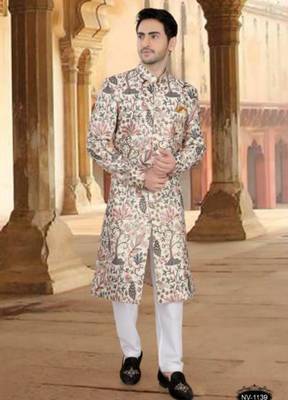 Men's cream ( multi colour embroidery ) malia silk heavy thread and sequence embroidery embroidery all over  kurta set 1