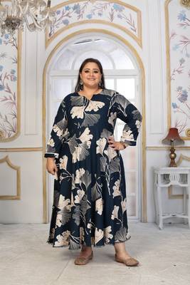 Blue rayon embroidered printed plus size kurta for girls 4