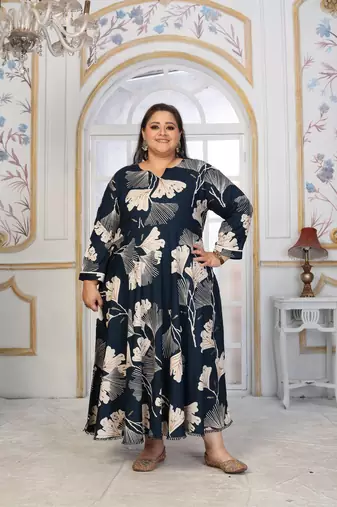 Blue rayon embroidered printed plus size kurta for girls