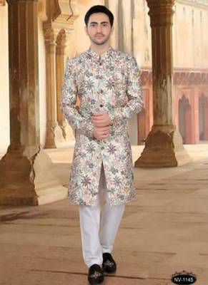 Men's cream ( multi colour embroidery ) malia silk heavy thread and sequence embroidery embroidery all over  kurta set 1