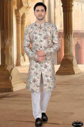 Men's cream ( multi colour embroidery ) malia silk heavy thread and sequence embroidery embroidery all over  kurta set