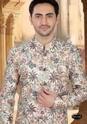 Men's cream ( multi colour embroidery ) malia silk heavy thread and sequence embroidery embroidery all over  kurta set 2