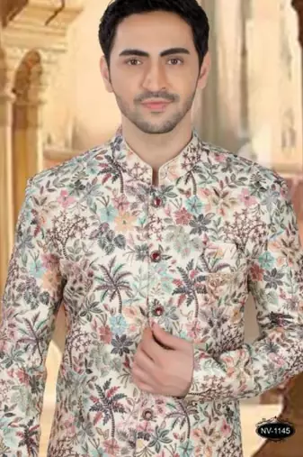 Men's cream ( multi colour embroidery ) malia silk heavy thread and sequence embroidery embroidery all over  kurta set