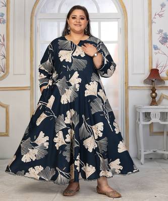 Blue rayon embroidered printed plus size kurta for girls 5