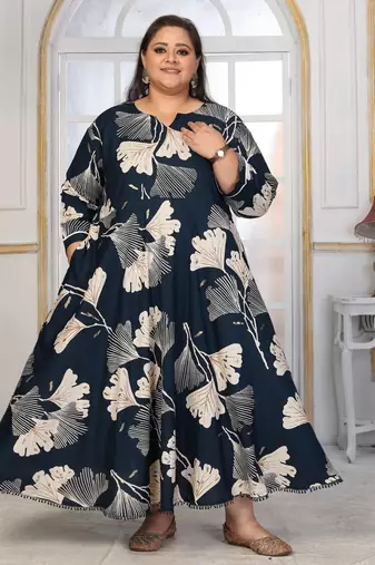 Blue rayon embroidered printed plus size kurta for girls