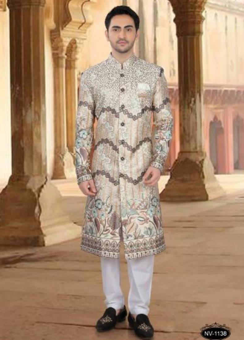 Men's cream ( multi colour embroidery ) malia silk heavy thread and sequence embroidery embroidery all over  kurta set