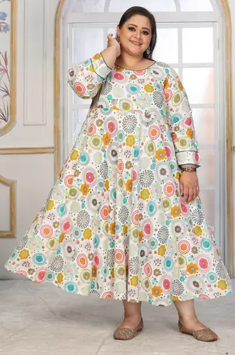 Off white rayon embroidered printed plus size kurta for girls